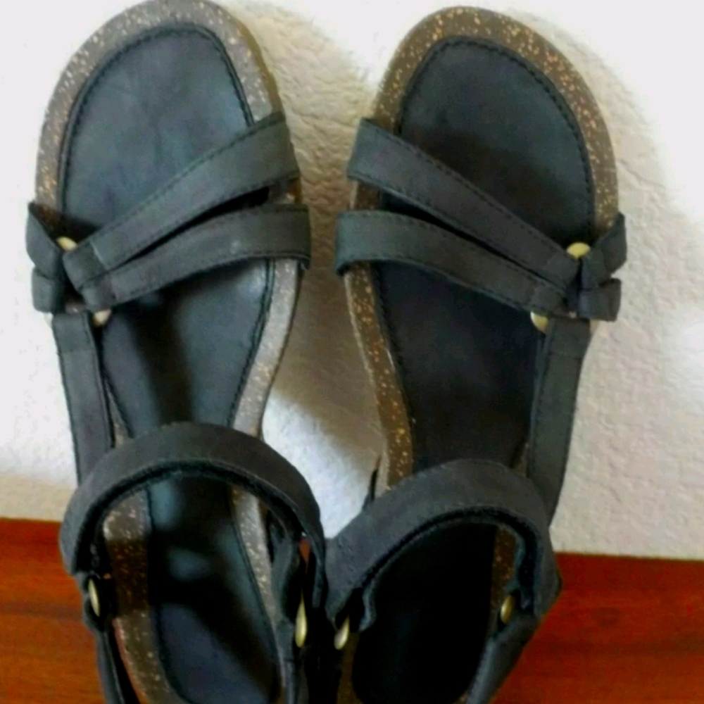 Teva Ventura Black Leather Cork Wedge, Women